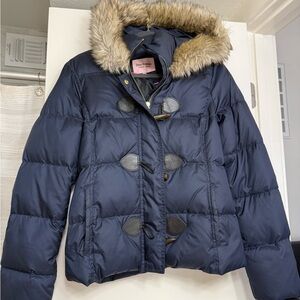 Juicy Couture Navy Puffer Jacket with Faux Fur Hood